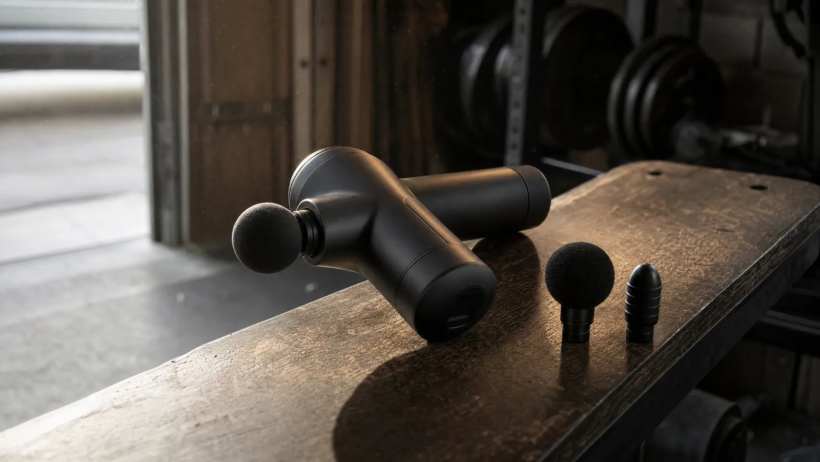 A matte black percussion massage gun resting on a worn wooden weight bench beside two spare heads, lit by hard morning light through an open garage door