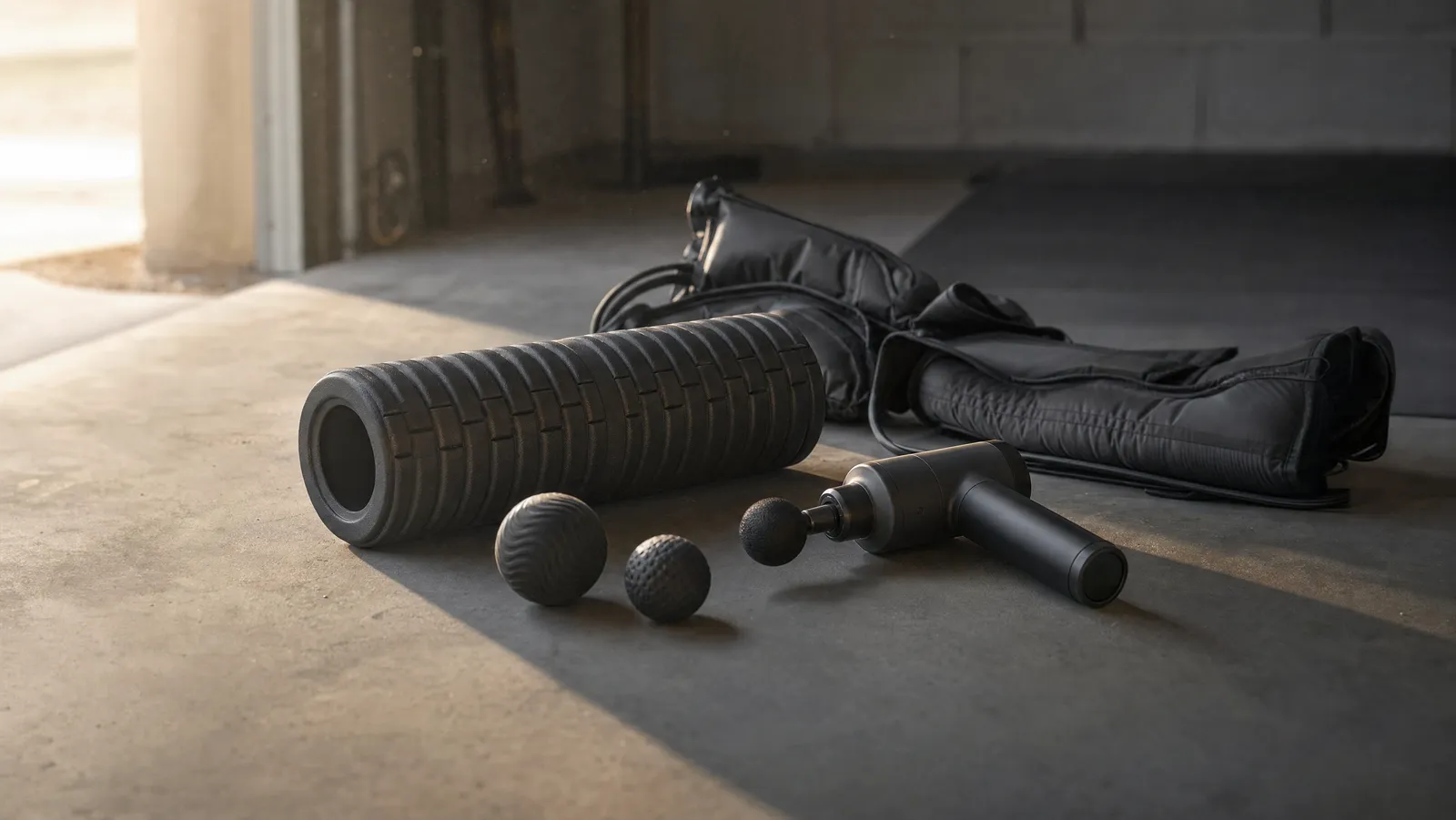 A foam roller, a percussion massage gun, two massage balls and a folded compression sleeve laid out on a concrete garage floor in low raking morning light