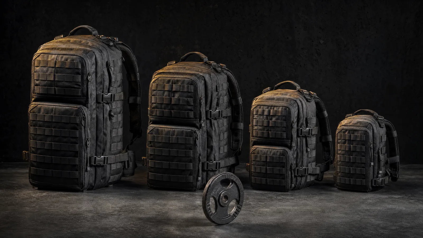 Four tactical backpacks lined up on a dark concrete floor with a cast iron weight plate standing on edge in the foreground
