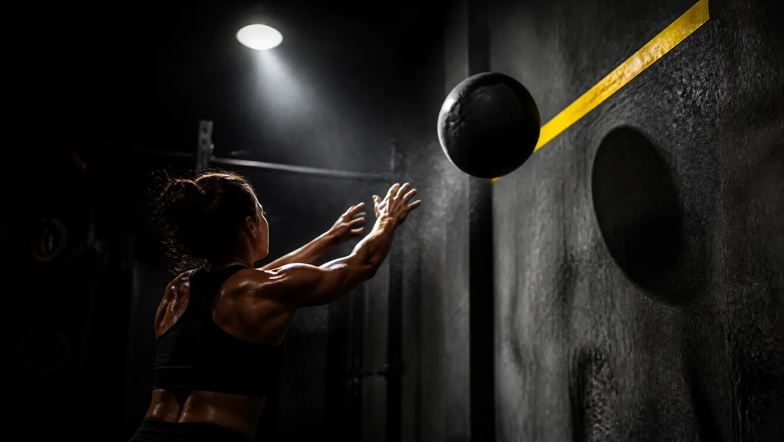 Soft wall ball caught mid-flight against a taped target line on a concrete wall in a dark garage gym