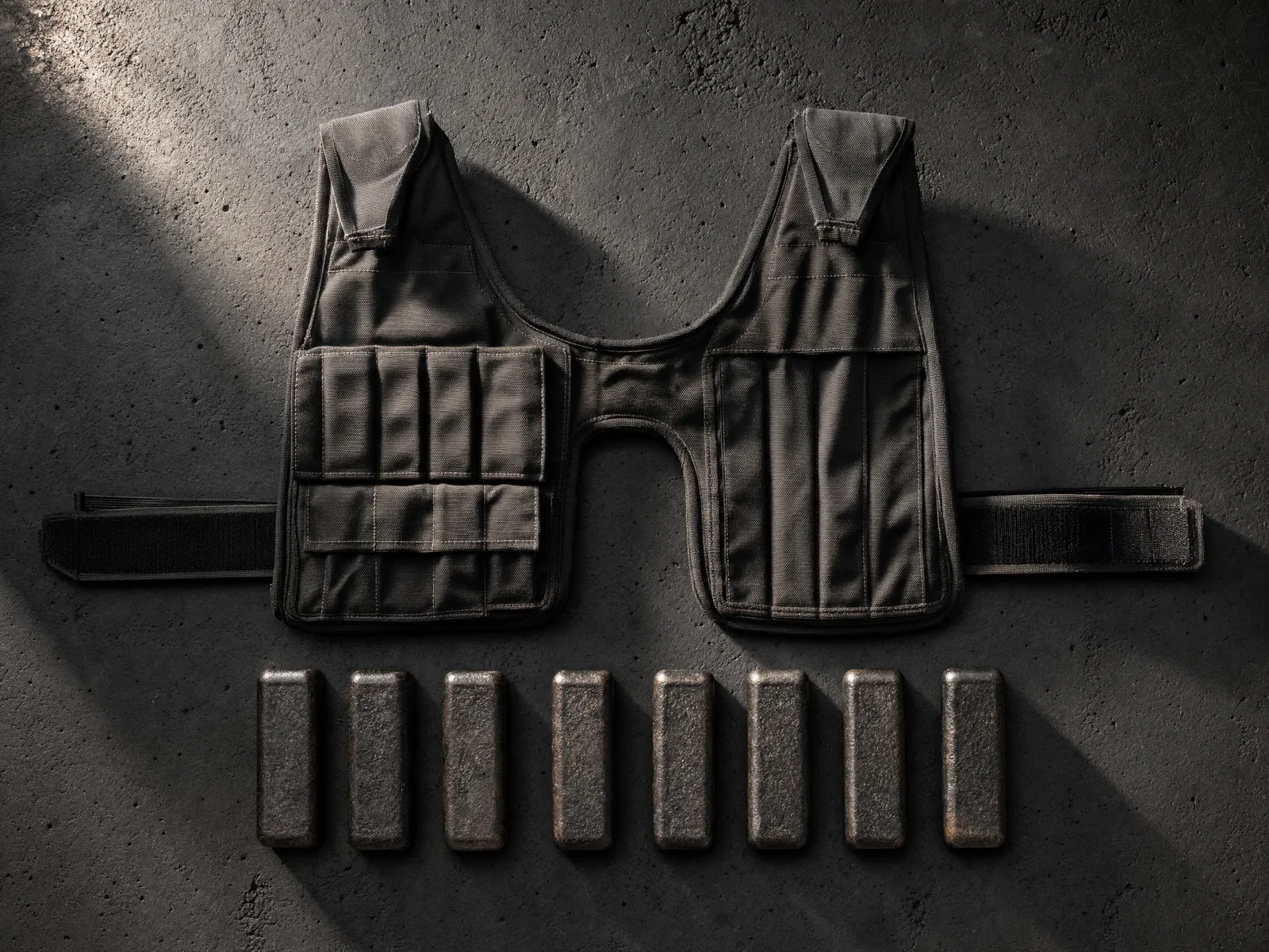 Overhead view of an adjustable weighted vest laid open on dark concrete with eight cast iron weight blocks removed and lined up beneath it