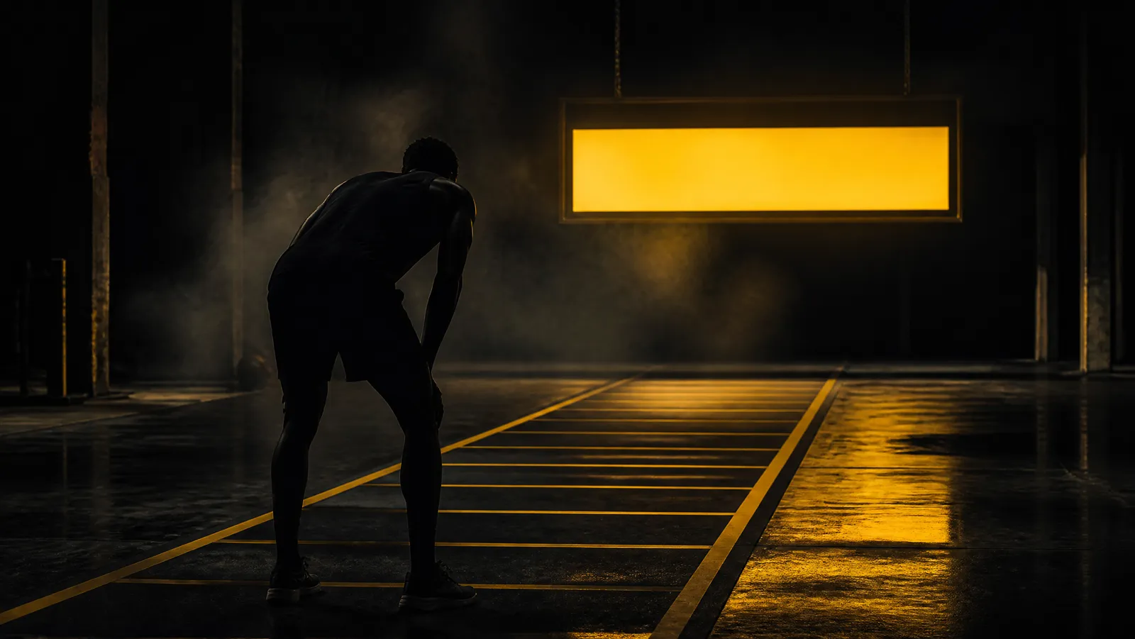 Athlete recovering hands-on-knees beside a marked training lane under the glow of a timing board