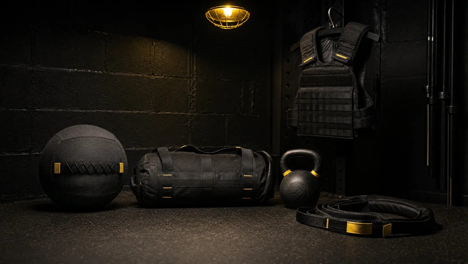 Home Hyrox training corner with wall ball, sandbag, kettlebell and weighted vest in a dark garage gym
