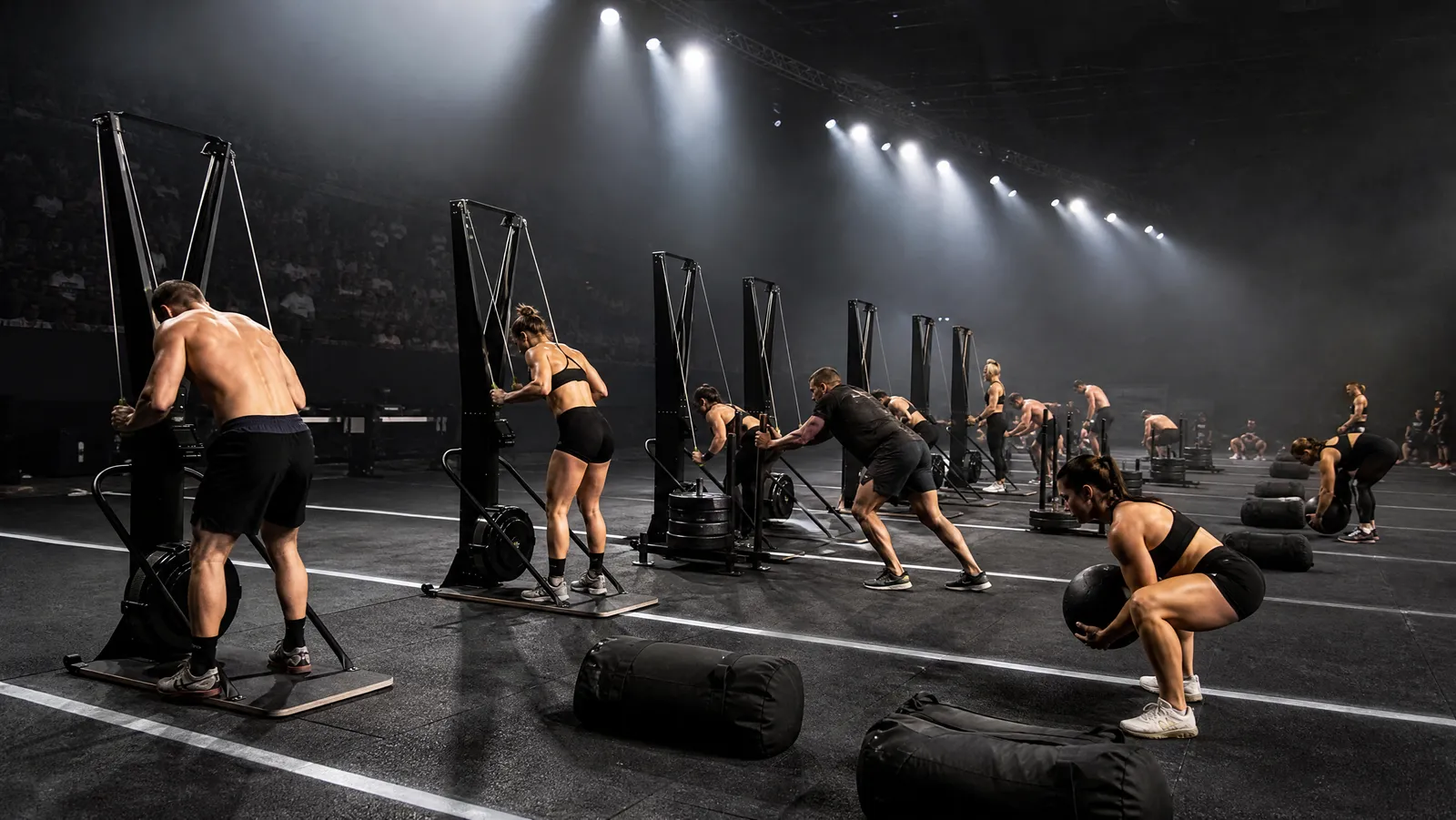 Row of functional fitness stations with SkiErg, sleds, sandbags and wall balls
