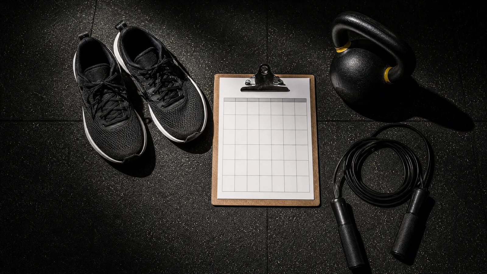 Home training setup with running shoes, kettlebell and a weekly training calendar
