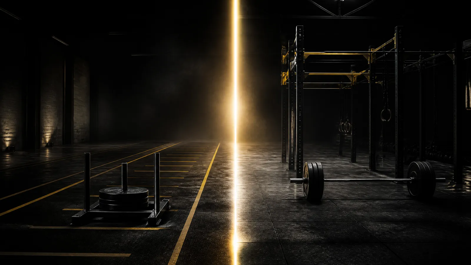 A dark training hall split between a sled lane on one side and a pull-up rig with a loaded barbell on the other