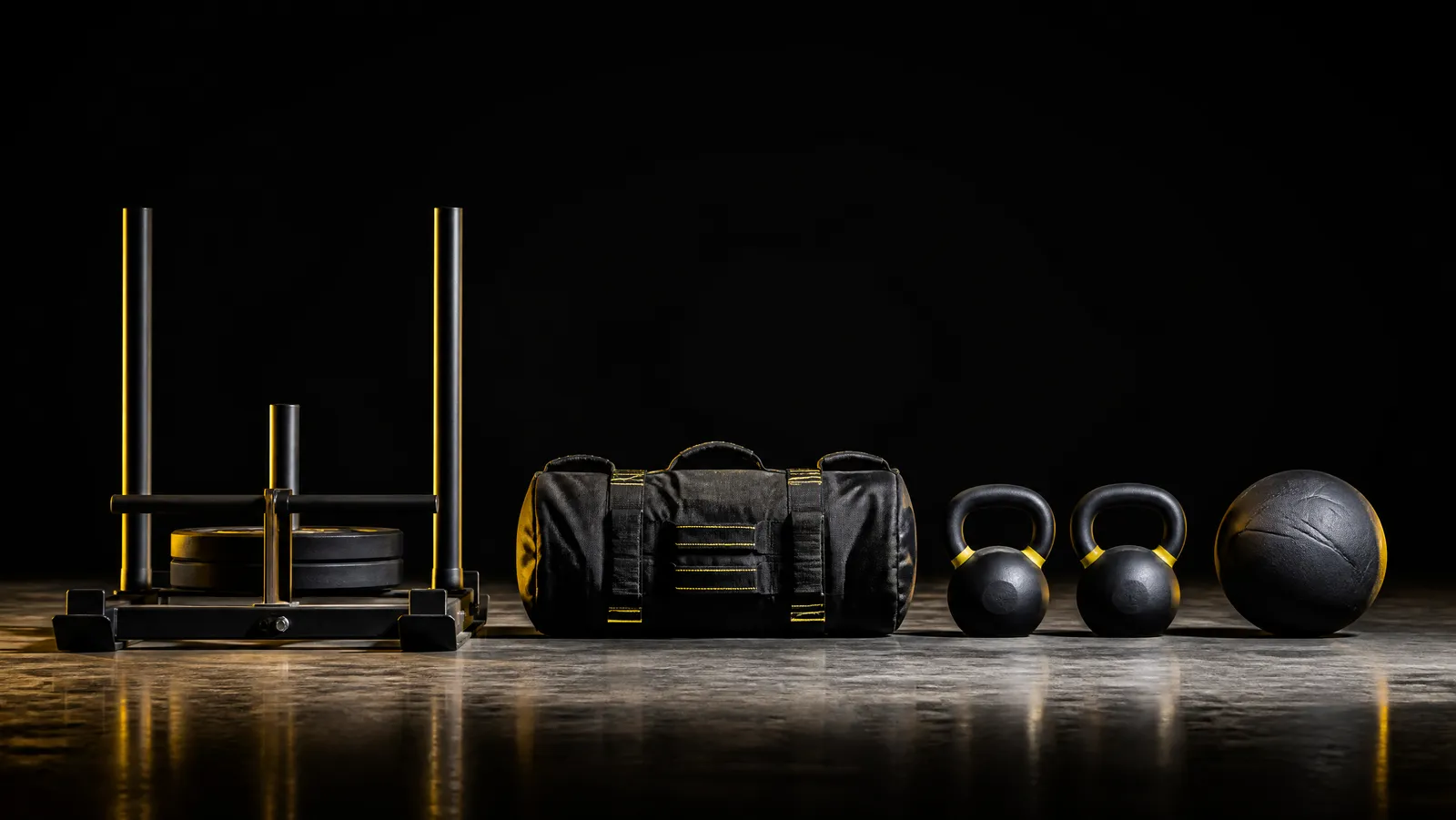 Hyrox station equipment lined up on a dark gym floor: push sled, sandbag, kettlebells and wall ball