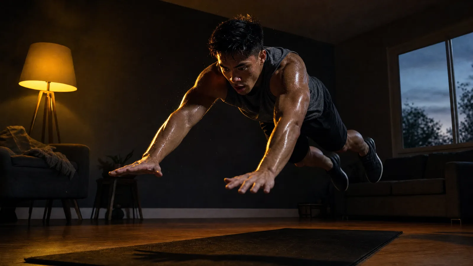 Athlete mid burpee broad jump on an exercise mat in a dimly lit living room