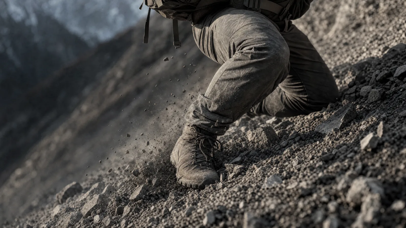 Low-angle view of a rucker's braced front knee and boots on a loose gravel descent with the bottom of a loaded pack in frame