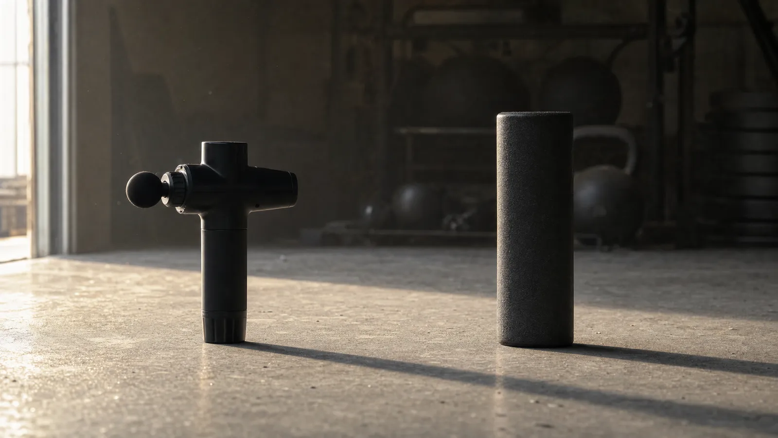 A percussion massage gun and a black foam roller standing upright side by side on a concrete garage floor, casting two long parallel shadows