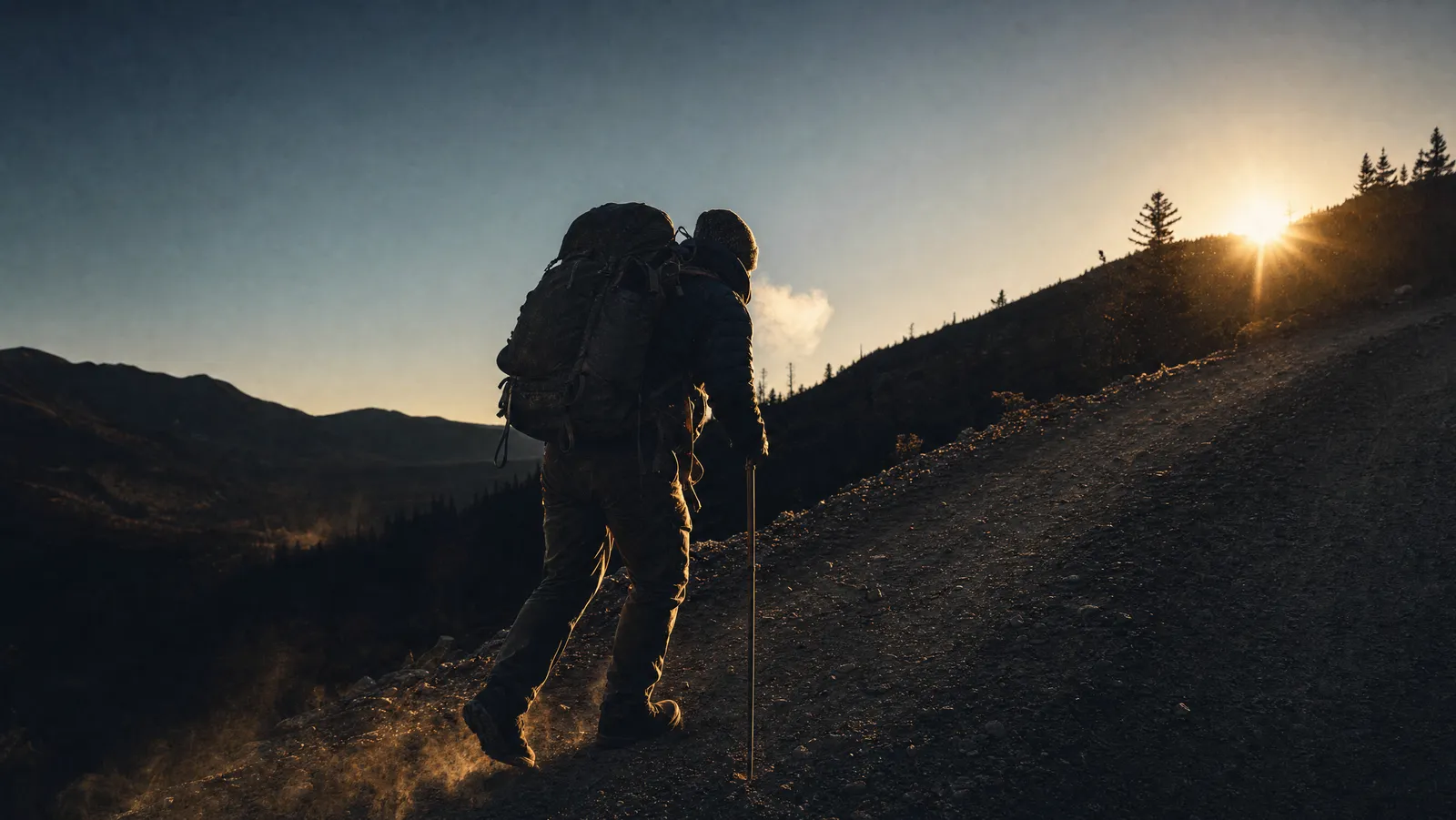A lone rucker cresting a steep gravel fire road at sunrise, loaded pack rim-lit against a dark hillside