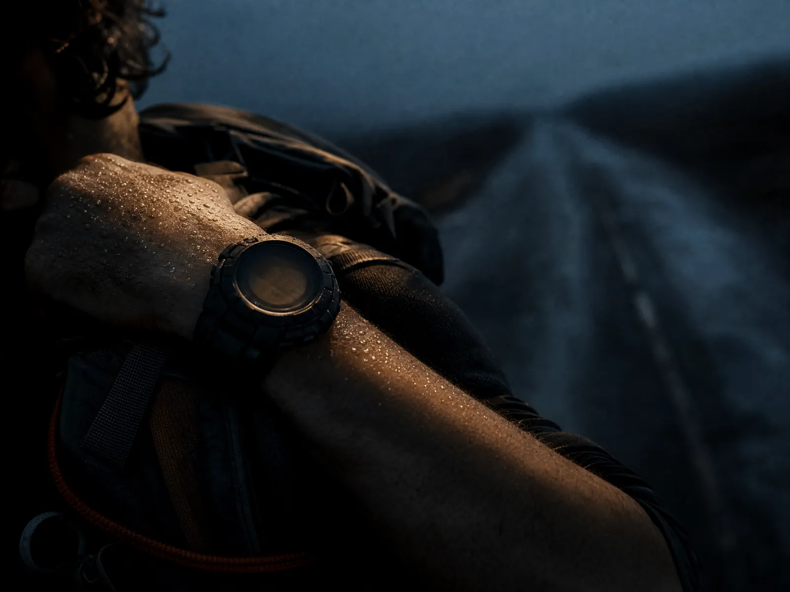 Close-up of a rugged sports watch on a sweat-beaded wrist resting against a loaded rucksack strap, an empty road blurred behind at dawn