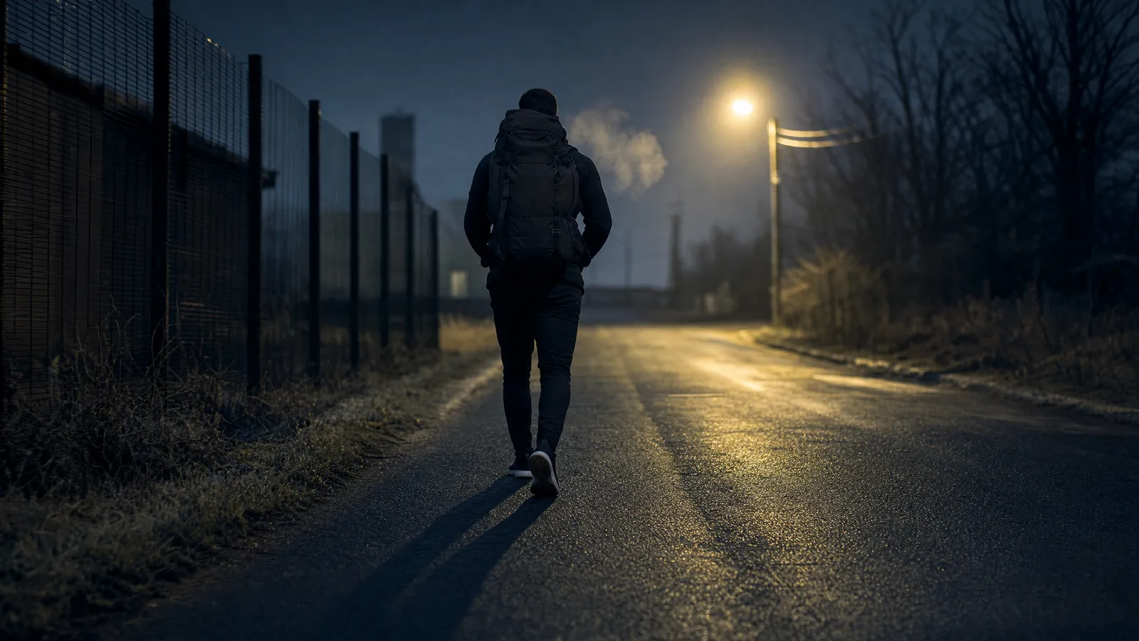 Lone athlete walking an empty road at dawn under a single streetlight with a loaded rucksack riding high on their back