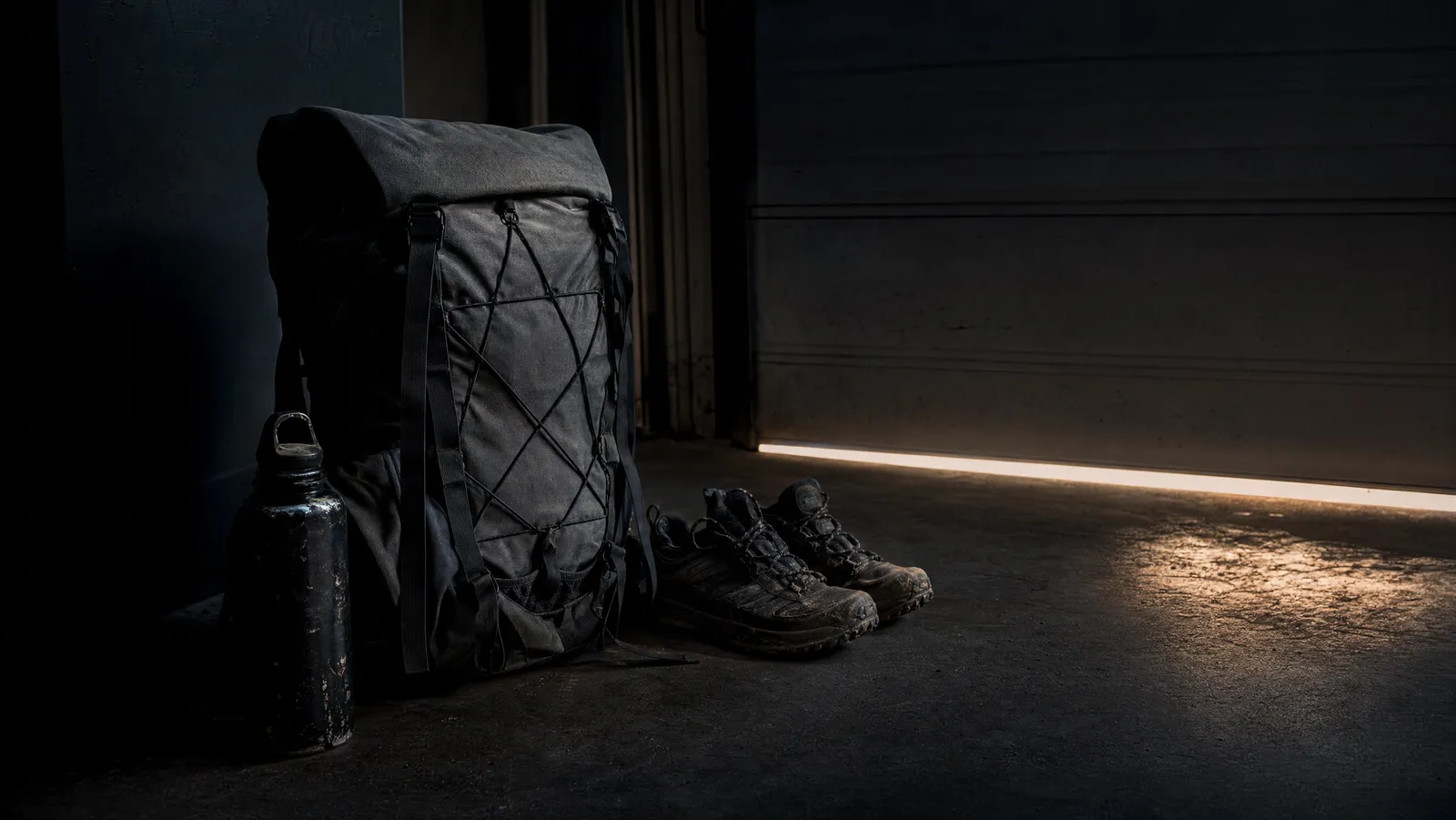A loaded rucksack, worn trail shoes and a battered steel bottle set out on a garage floor with a blade of dawn light under the door