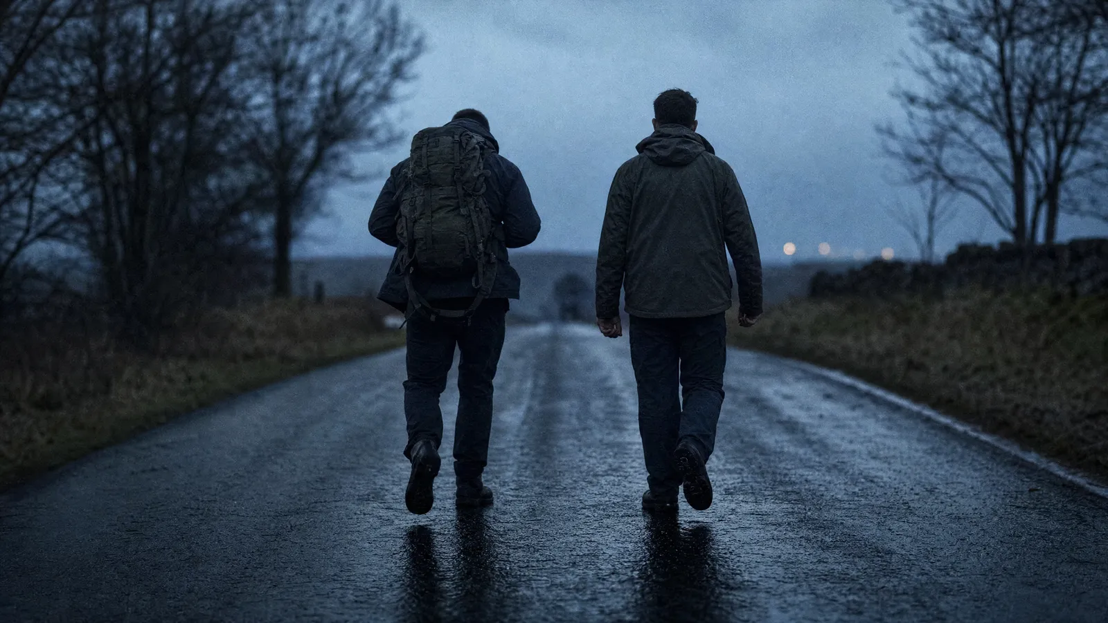 Two walkers seen from behind on an empty road at dusk, one carrying a loaded rucksack high on the back and one walking with no pack