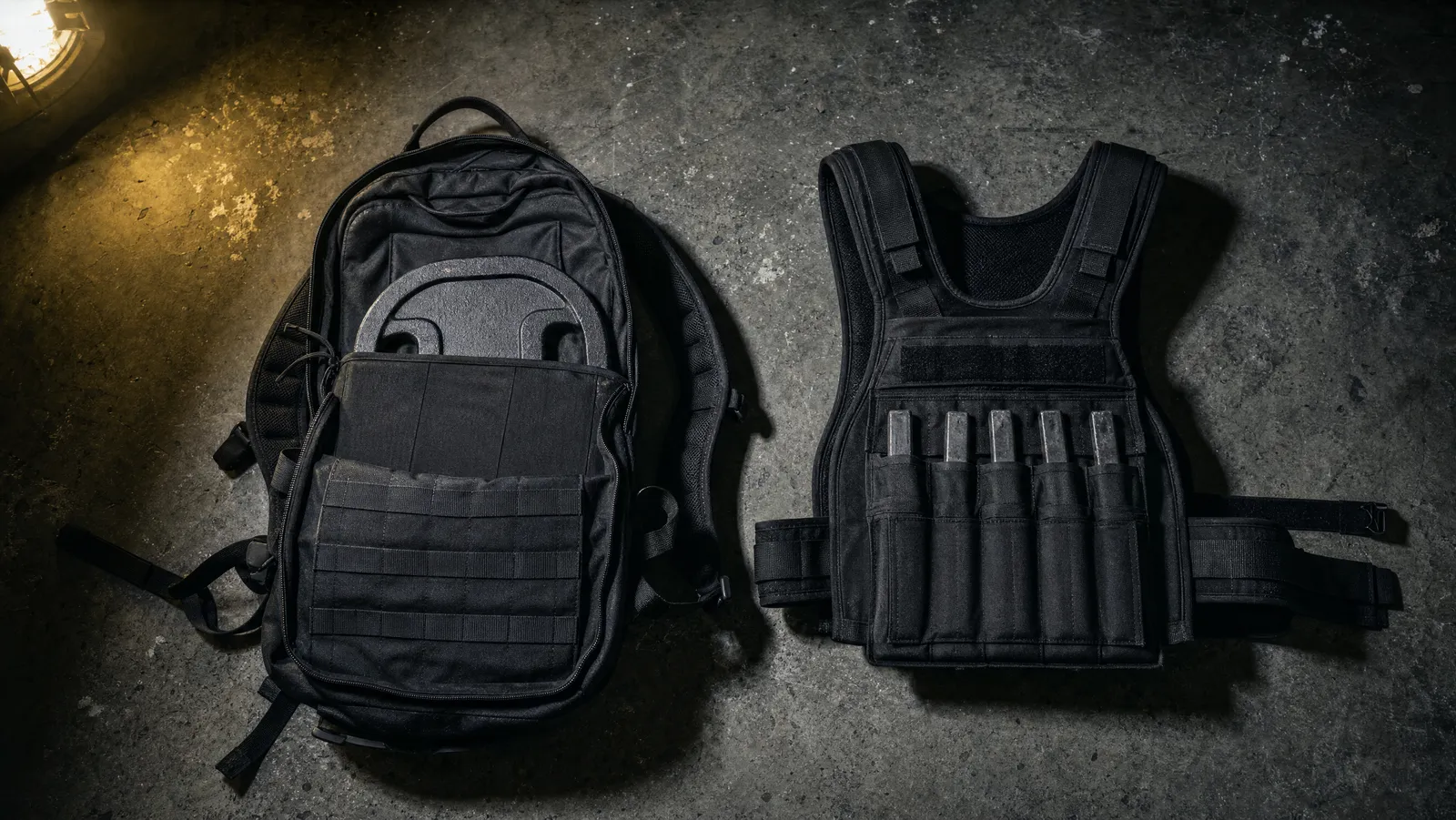 Overhead view of an open tactical rucksack with a cast-iron plate beside a loaded adjustable weighted vest on a dark garage floor